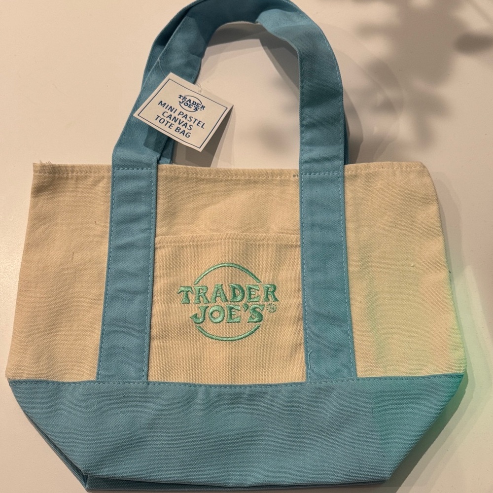 TRADER JOES Blue & Cream Mini Canvas Tote Bag MINT WITH TAGS